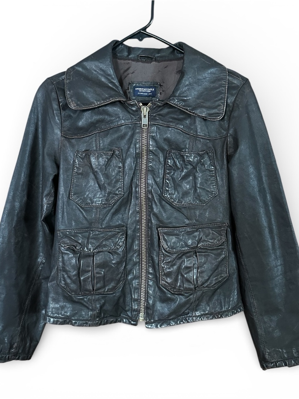 Y2K American Eagle Outfitters Dark Brown Leather Jacket with Front Zip Sz Small